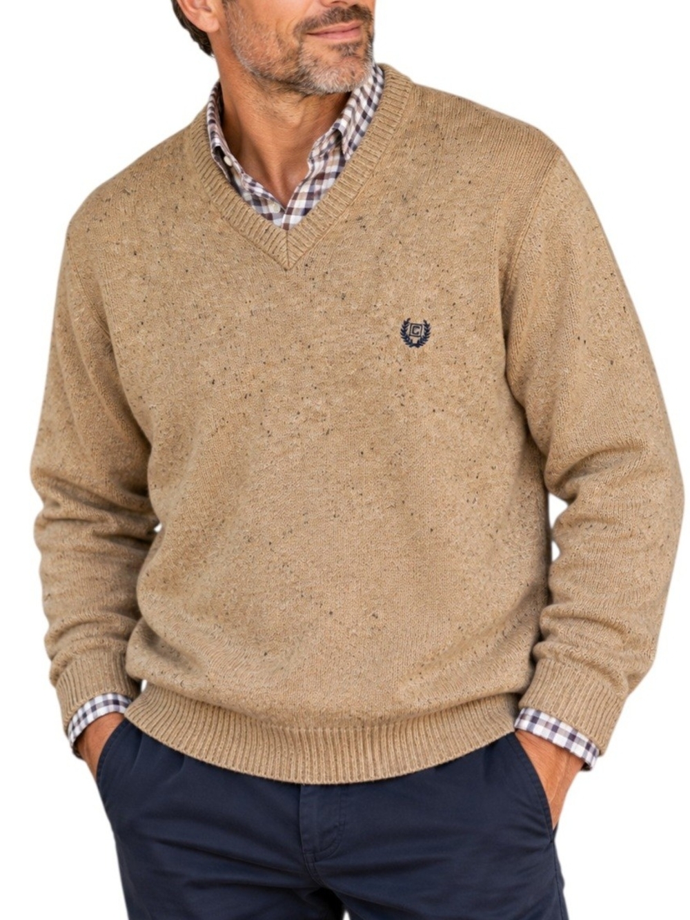 CHAPS Men’s XL Donegal Fleck V-Neck Sweater Tan Oatmeal Preppy Cotton Blend